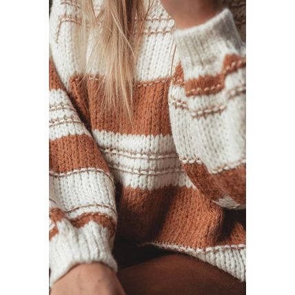 White Striped Knit Puff Sleeve Casual Sweater