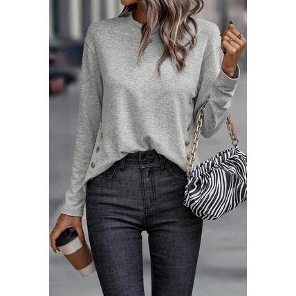Gray Side Buttons Crew Neck Knit Top