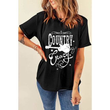 Black Country Music Crazy Print Crew Neck T Shirt
