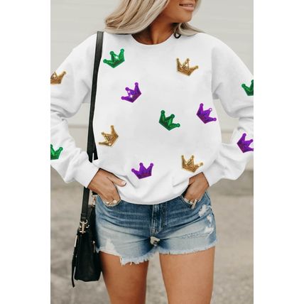 White Mardi Gras Crown Sequined Patch Crew Neck Sweatshirt