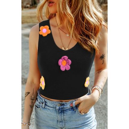 Black 3D Flower Decor Cropped Sweater Vest