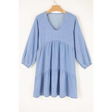 Beau Blue Puff Sleeve V Neck Tiered Ruffled Chambray Mini Dress