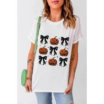 White Halloween Pumpkin Face Bowknot Graphic T Shirt