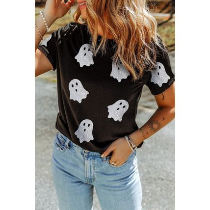 Black Glitter Ghost Pattern Crew Neck Halloween T Shirt