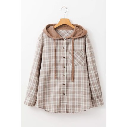 Khaki Checkered Print Loose Fit Buttoned Hooded Shacket