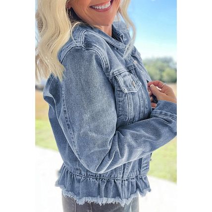 Beau Blue Ruffle Raw Hem Flap Pockets Denim Jacket