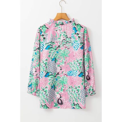 Green Floral Print V Neck Tied Loose Blouse