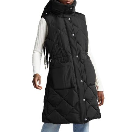 Black Longline Quilted Stand Collar Puffer Vest