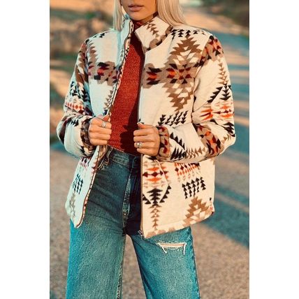 Beige Aztec Printed Stand Neck Zip Up Jacket