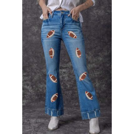 Sky Blue Sequin Rugby Football Pattern High Waist Distressed Flare Jeans