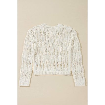 White Cut Out Crochet Crew Neck Loose Fit Sweater