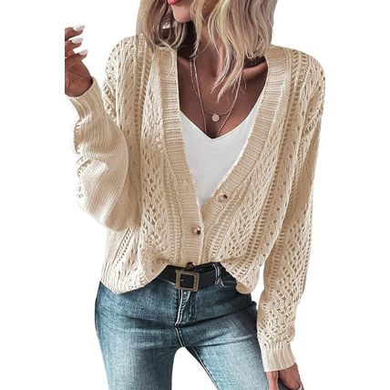 Beige Open Knit Drop Shoulder Sweater Cardigan