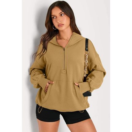 Brown Solid Kangaroo Pocket Half Zipper Oversized Hoodie