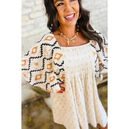Beige Western Aztec Print Pleated Square Neck Loose Mini Dress