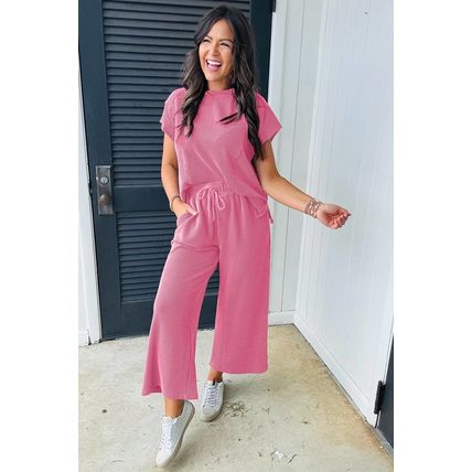 Bright Pink Solid Corded Knit Short Sleeve T Shirt and Wide Leg Pants Set