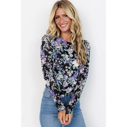 Black Floral Print Mesh Fitted Long Sleeve Top