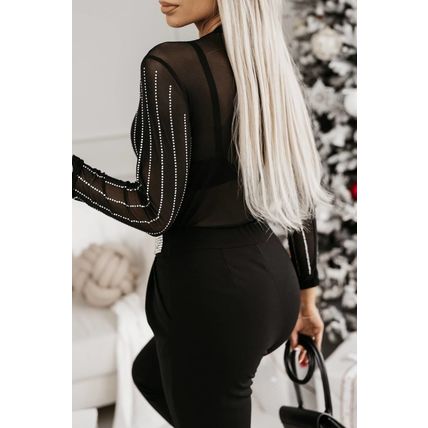 Black Rhinestone Decor Striped Mesh Long Sleeve Bodysuit