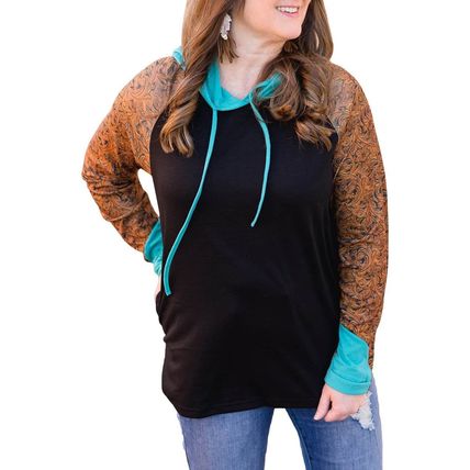 Black Western Print Color Block Plus Size Hoodie