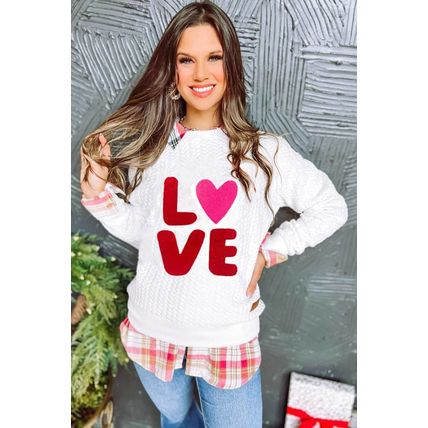 White LOVE Chenille Embroidered Cable Knit Pullover Sweatshirt