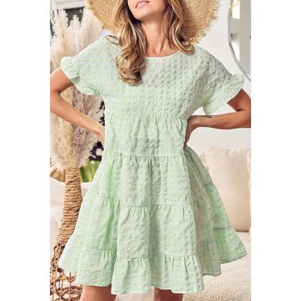 Green Stripe Textured Tiered Short Sleeve Loose Mini Dress