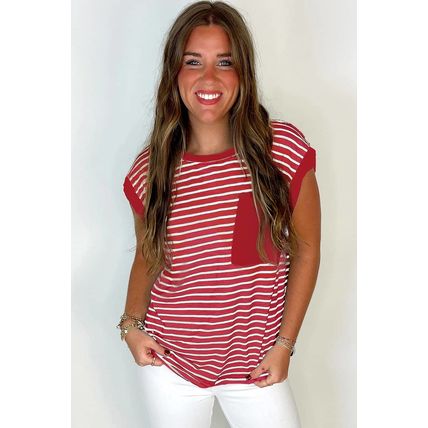 Red Stripe Chest Pocket Patch Round Neck Tank Top