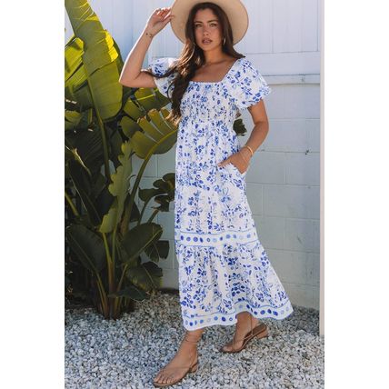 Sky Blue Floral Print Square Neck Bubble Sleeve High Waist Maxi Dress
