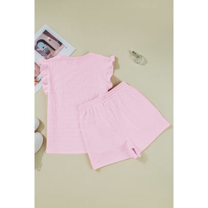 Pink Bow Jacquard Ruffle Sleeve Short 2pcs Outfit