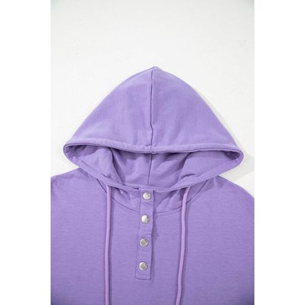 Purple Short Sleeve Buttoned Neck Kangaroo Pocket Hoodie