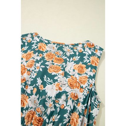 Green Floral Print Trimmed V Neck Tie Waist Sleeveless Holiday Long Dress