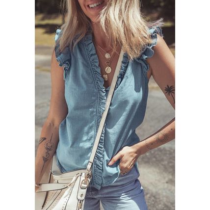 Beau Blue Frilly Ruffle Trim V Neck Chambray Tank Top