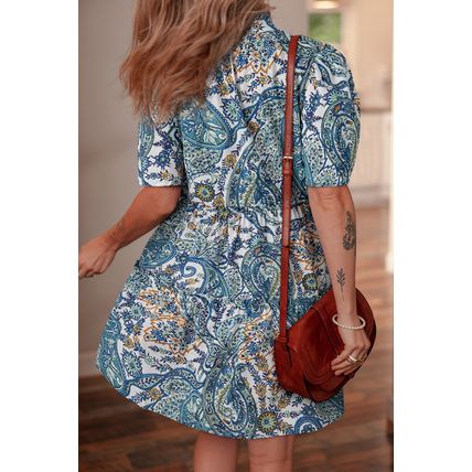 Blue Bohemian Paisley Floral V Neck Short Sleeve Mini Dress