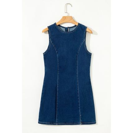 Dirty blue Sleeveless Zipped Bodycon Denim Short Dress