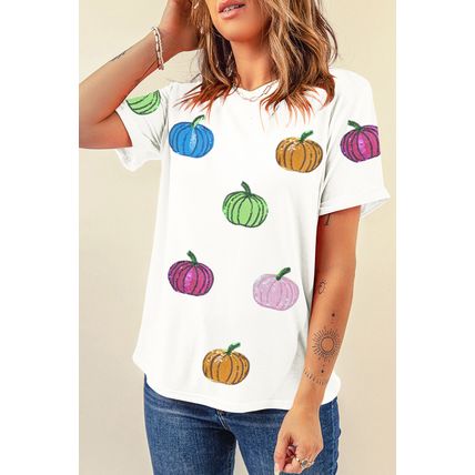 White Sequin Pumpkin Patched Cotton Blend T Shirt