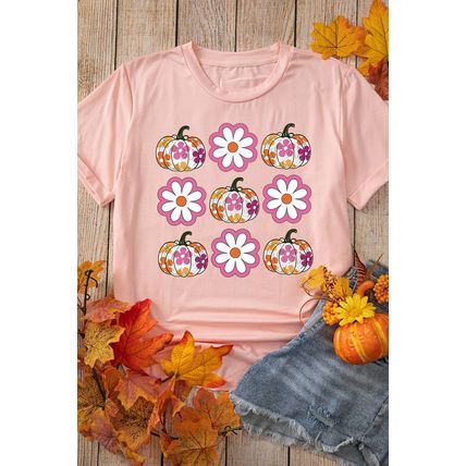 Pink Floral Pumpkin Thanksgiving Holiday Funny Graphic T Shirt