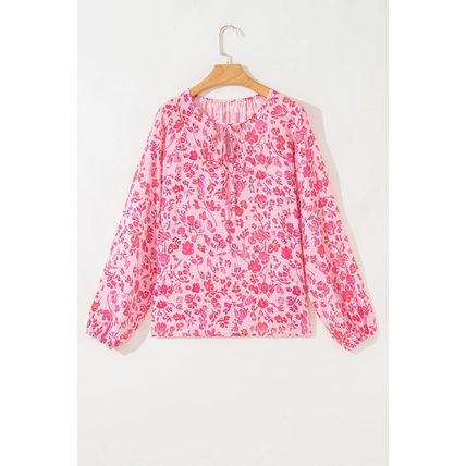 Pink Floral Puff Sleeve Split Neck Lightweight Blouse