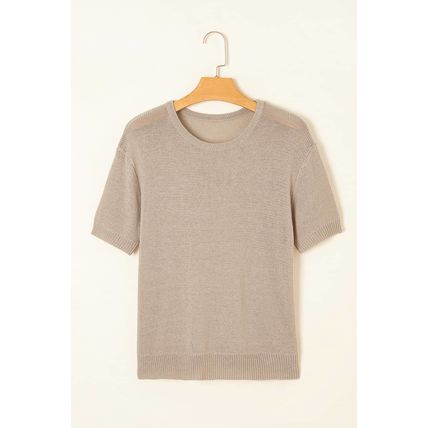Beige Shiny Knitted Short Sleeve Drop Shoulder Sweater