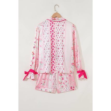 Pink Mixed Floral Print Contrast Piping Trim Satin Tie 2pcs Pajama Set