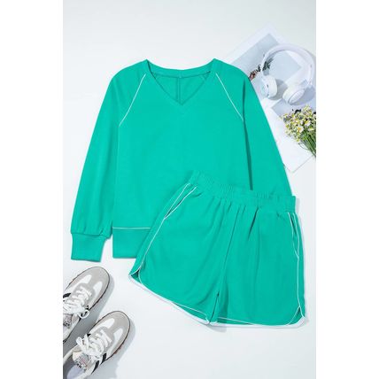 Dark Green Colorblock Trim V Neck Pullover Top and Shorts Set