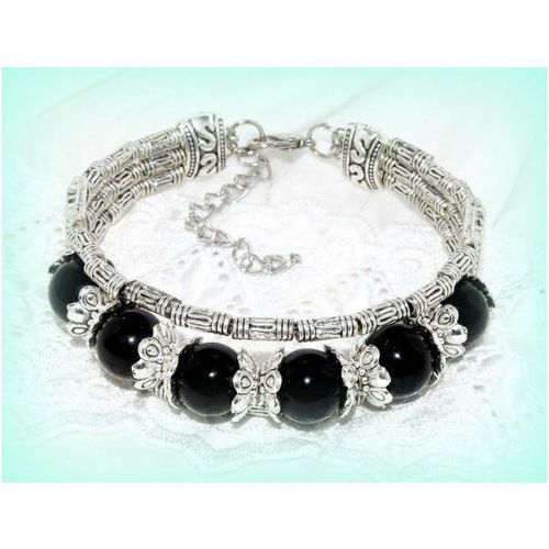 Sale Tibetan Silver Hill Tribe Style Black Beads Bracelet Bangle Jewellery 1198