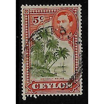 CEYLON 1938 5c GREEN & ORANGE COCONUT PALMS SG 387F FINE USED