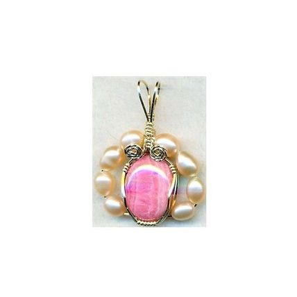 Rhodochrosite Pearl Gold Wire Wrap Gemstone Pendant 9