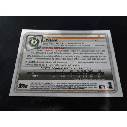 2020 Bowman Chrome Card # 062 Jesus Luzardo Mint (9) Oakland Athletics