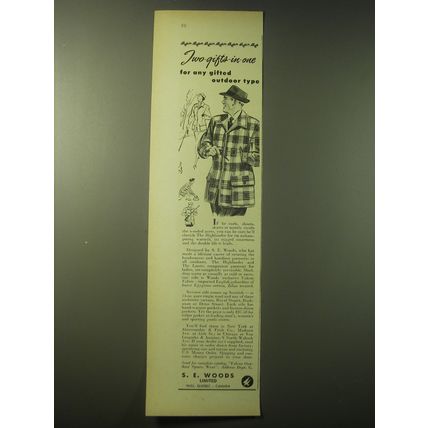 1948 S.E. Woods Highlander Coat Ad - Two-gifts-in-one for any outdoor type