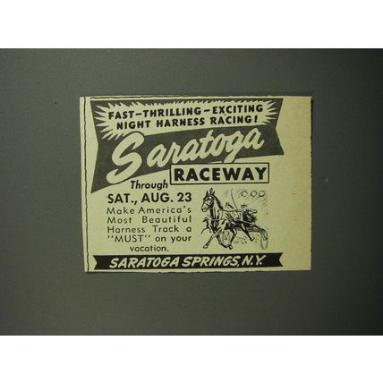 1952 Saratoga Raceway Ad - Fast - Thrilling - exciting - night harness racing!
