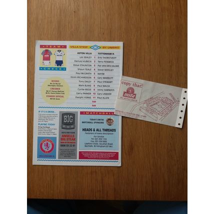1992 FA Cup 3rd Round Programme & Ticket - Aston Villa vs Tottenham / Spurs