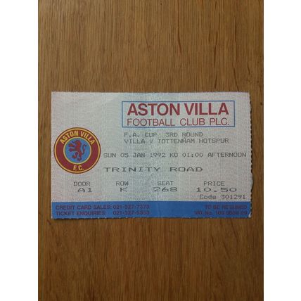 1992 FA Cup 3rd Round Programme & Ticket - Aston Villa vs Tottenham / Spurs