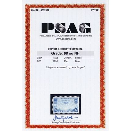 C20, Mint NH Superb 25¢ With PSAG Graded 98 Certificate .. Stuart Katz