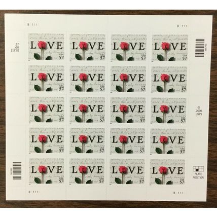 Rose and Love Letter Sheet of 20 Stamps - 57 Cent Postage Stamps Scott 3551