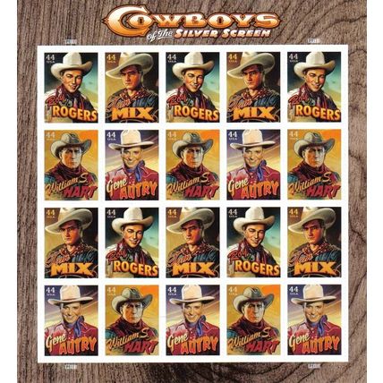 Cowboys of the Silver Screen Sheet Sheet of Twenty 44 Cent Stamps Scott 4446-49