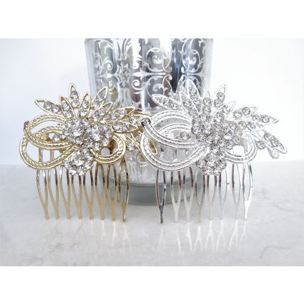 Gold or silver crystal flower hair comb barrette clip bridal clip bridal